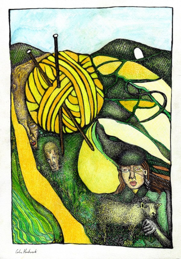 Drawing by Colin Hambrook. Blue sky with clouds above green hills, a large ball of yellow wool sits just below the hills. Brown knitting needles are stuck in the ball of wool. A thick yellow line runs down the left side of the picture like a river, and green and yellow squiggly lines run parallel to this yellow band. To the right of the picture there is another thick band of yellow intersected by thin meandering green curves that creates what looks like an aerial view of plots of land or small farms. There a two faces, one squashed between the ball of wool and the yellow band on the left and one just below the ball of wool. In the bottom right-hand corner there is a woman wearing a green beret type hat and green coat. She is holding a sheep. 