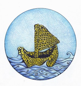 A drawing of a small boat knitted from yellow wool, sailing on a blue sea with stylised waves against a bright blue sky