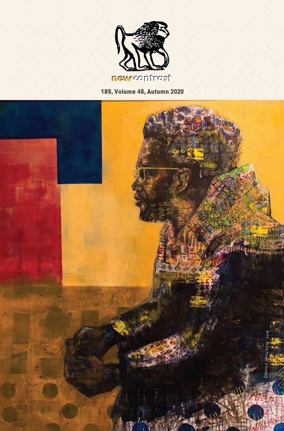 A Profile portrait of an African man, pensive, sitting with his arms resting on his lap and his hands clasped in front of him. He is wearing colourful print clothing and head gear. Blocks of yellow, navy and red make up the background wall.