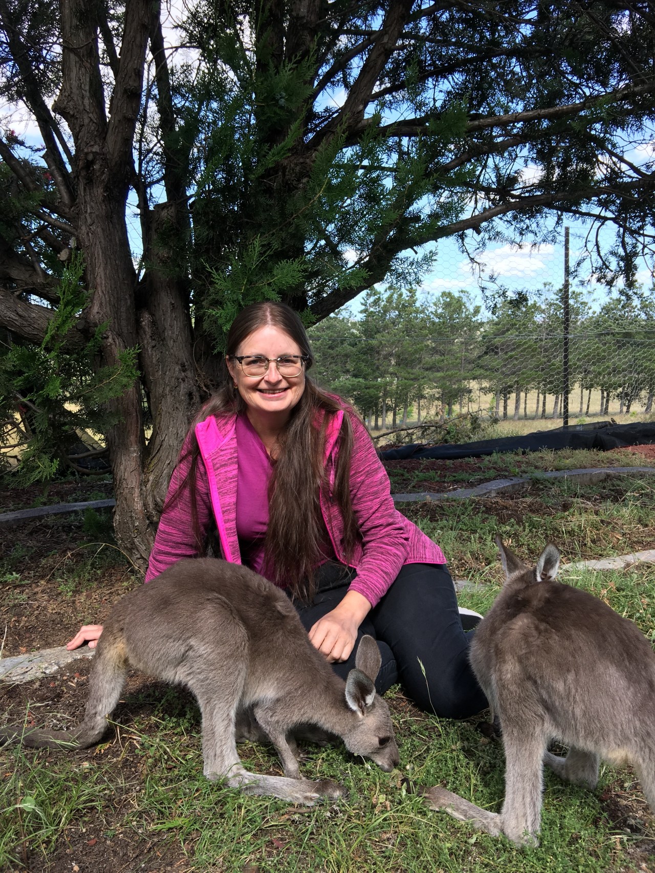 Helen Schloss sitting outside with two Eastern Grey joeys in her care. She is wearing a pink jacket and she is smiling.