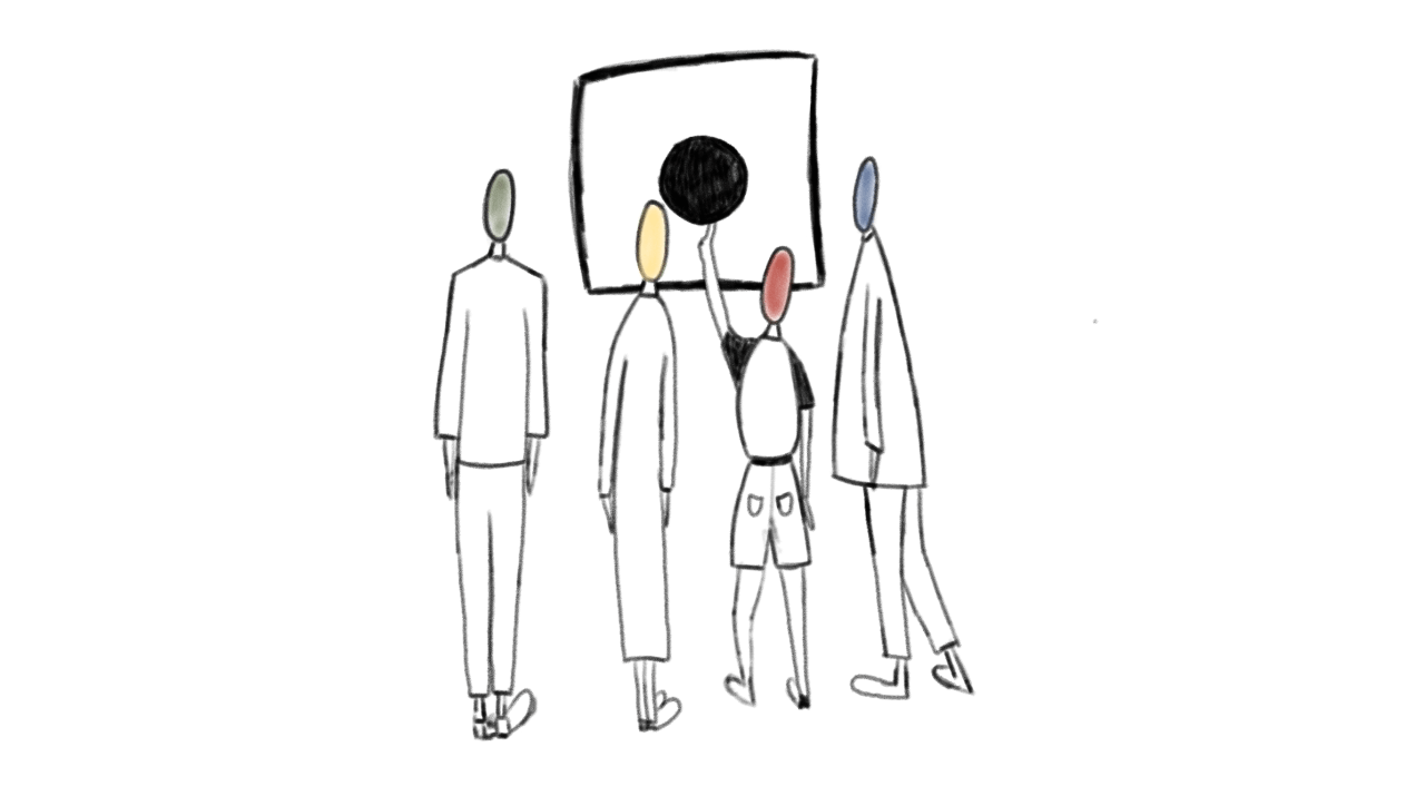 A still from the animation I was born (Misfit).Four people facing a circle of solid black in a square. They have different coloured heads (green, yellow, red and blue). The smallest person is reaching up to touch the circle. Drawn by Daria Lytvynenko.